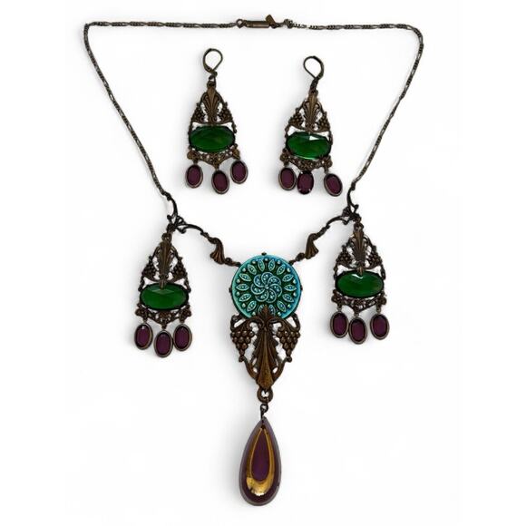 Sadie Green Art Nouveau Revival Bronze & Purple Green Glass Necklace Earring Set - Picture 1 of 9